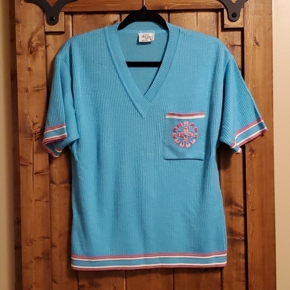 Vintage Da Vinci Knitwear Blue Pink Short Sleeve V Neck Top Size Med